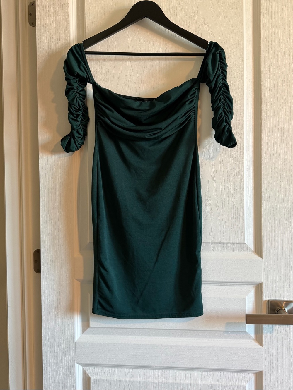 PrettyLittleThing Dark Green Off-Shoulder Ruched Sleeve Mini Dress
